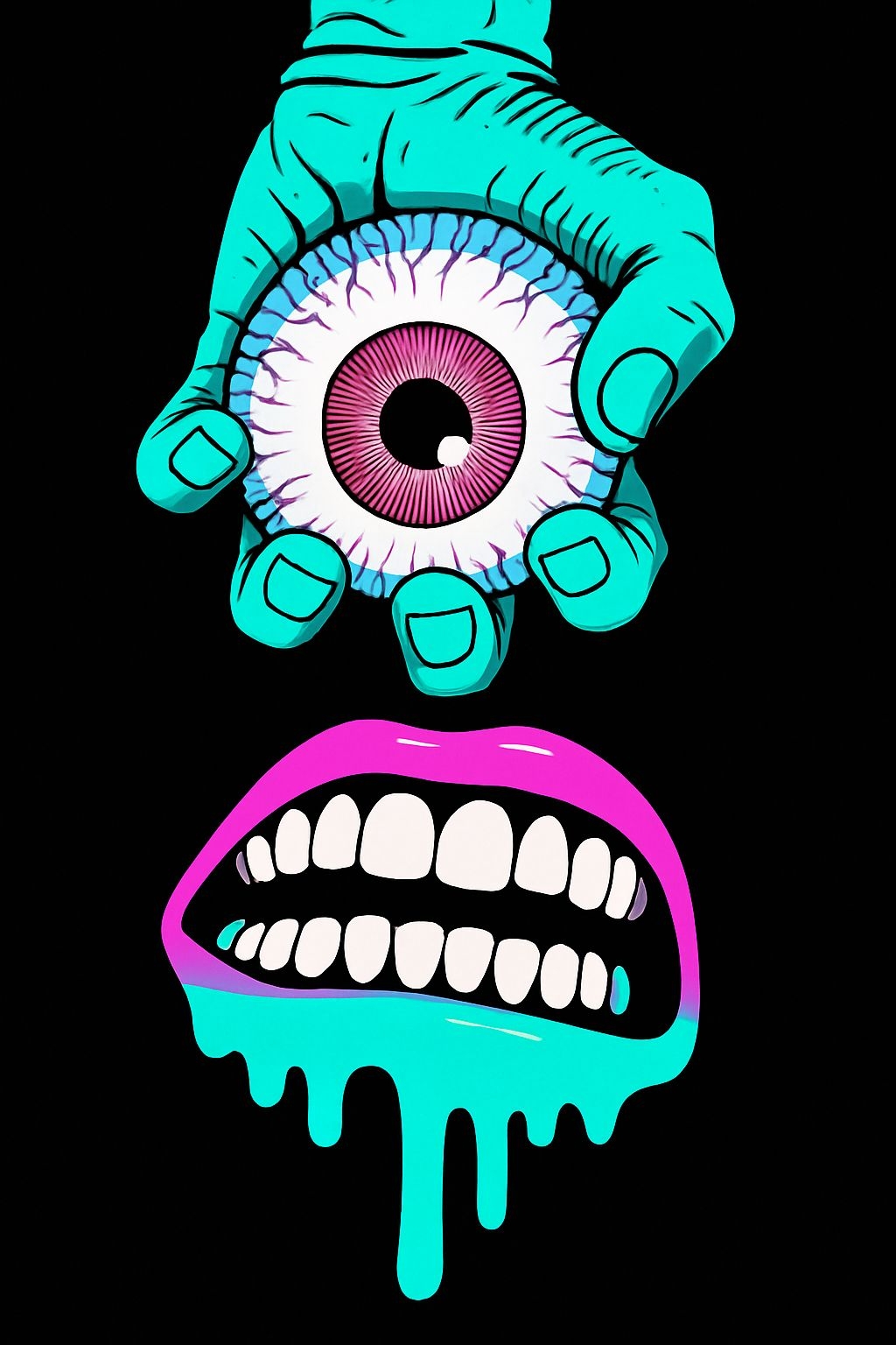 Surreal Pop Art Hand Gripping Eyeball with Neon Lips T-Shirt