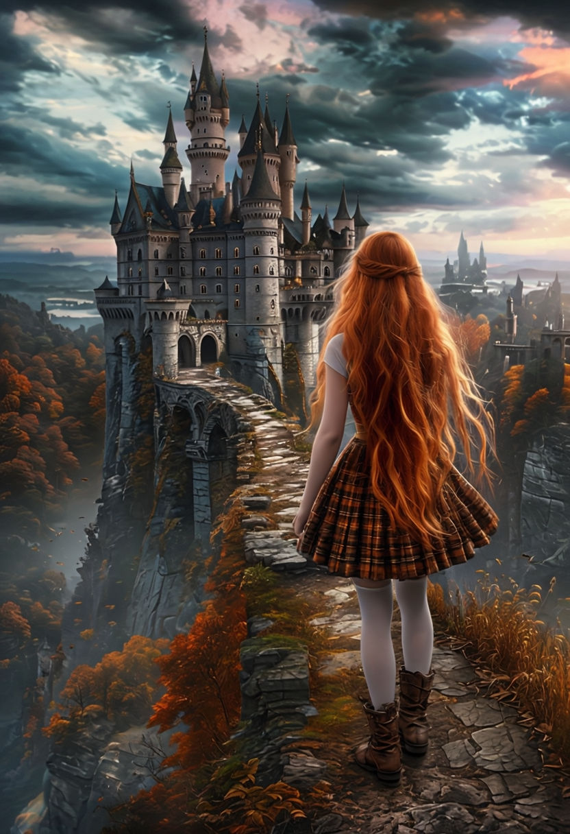 Enchanting Fairytale Castle Adventure Scene with a Mystical Woman Art