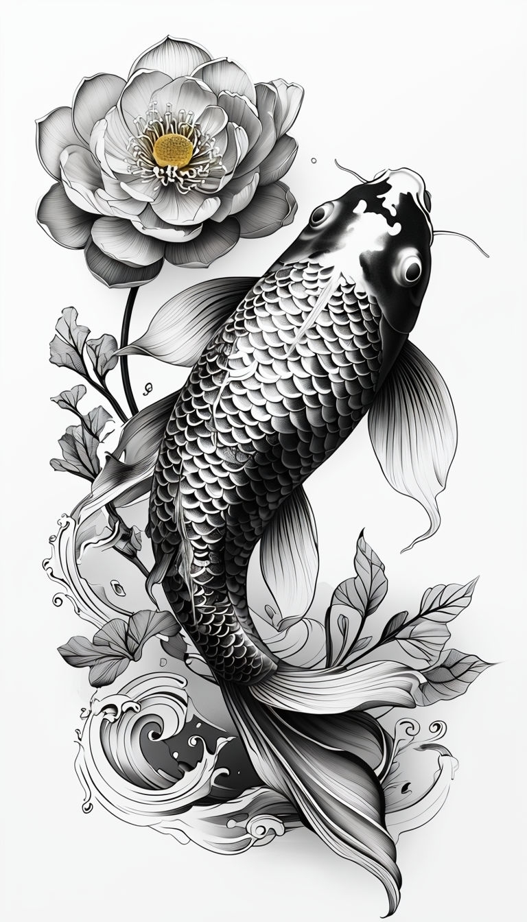 Intricate Black and White Koi Fish with Flower Illustration Art