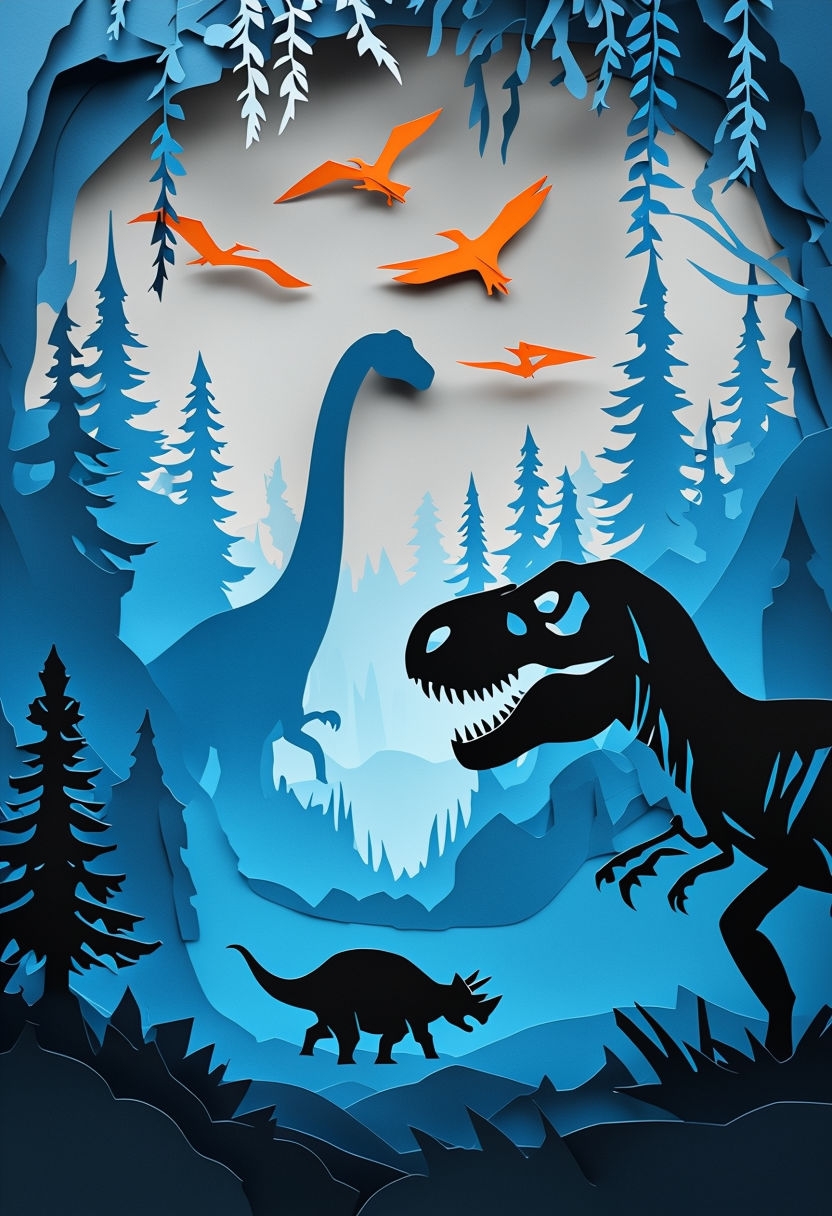 Dynamic Prehistoric Forest Paper Cut Art with Dinosaurs Poster