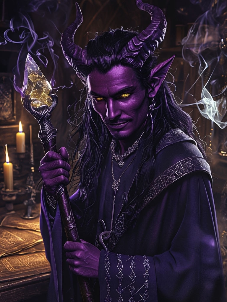 Mysterious Tiefling Warlock Portrait in Candlelit Chamber Art