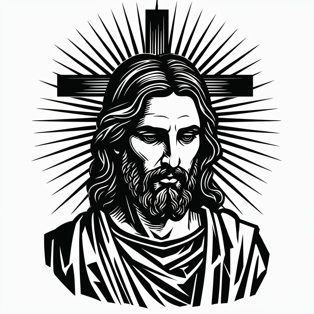 Solemn Black and White Jesus Christ Woodcut Design Mug