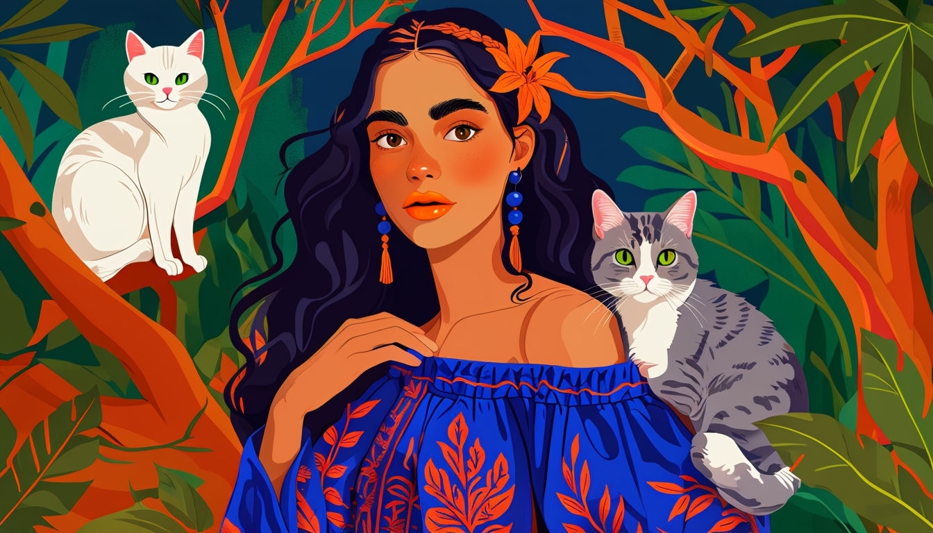 Colorful Young Woman with Cats Surrounded by Nature Virtual Background