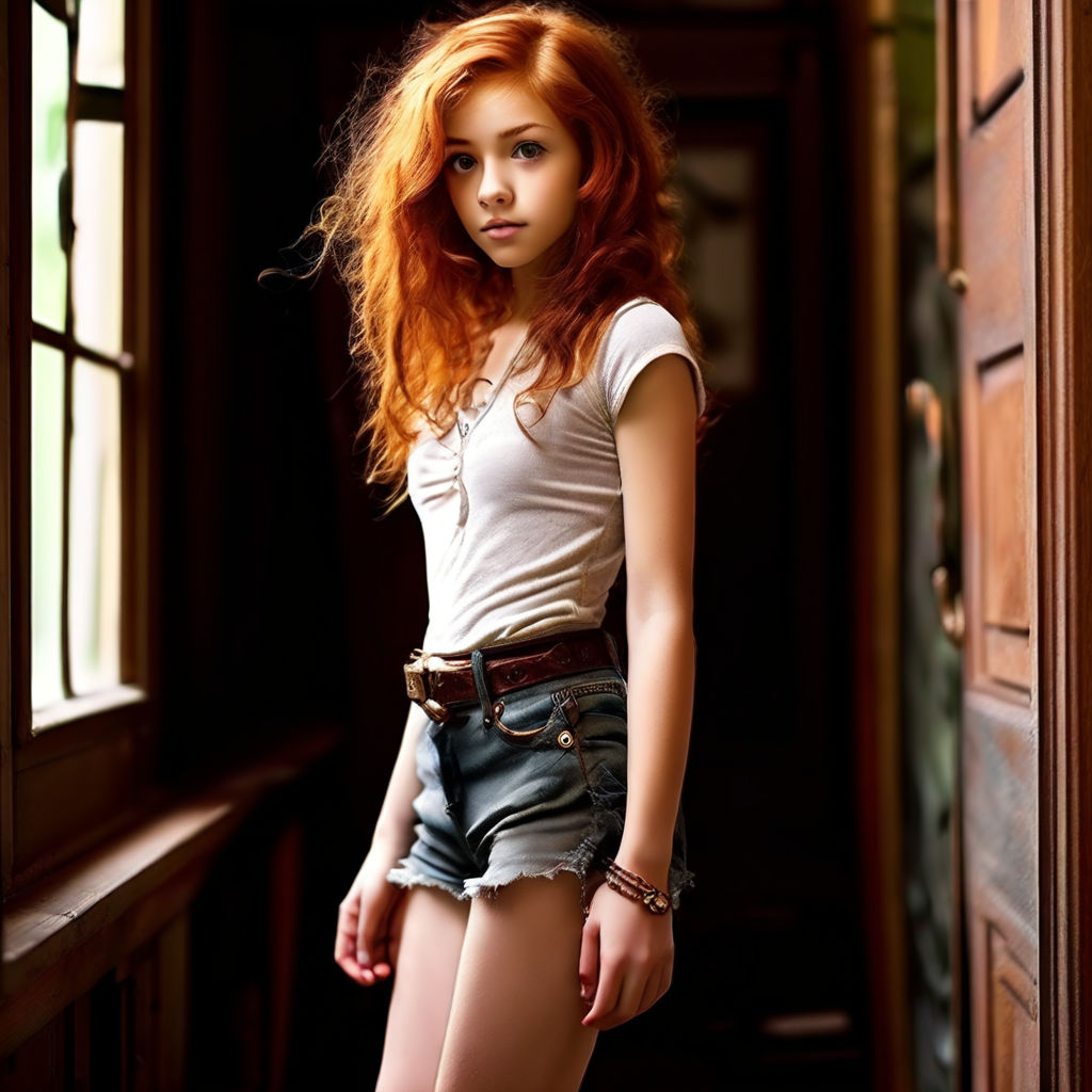 gorgeous auburn ponytailed in a green cut-off t-shirt and tight black jeans  sitting on a stairs legs spread