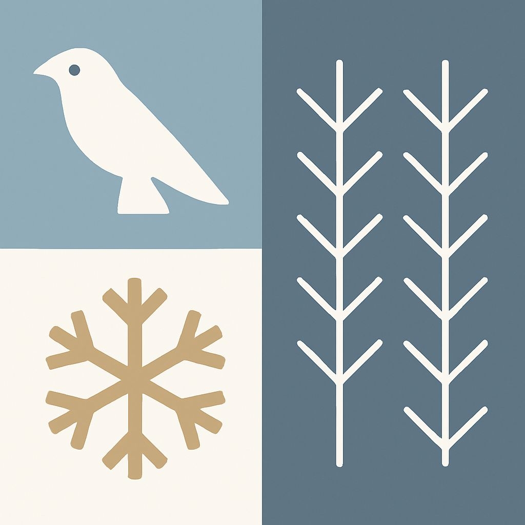 Minimalist 2x2 Grid Design with Birds and Snowflakes Pattern