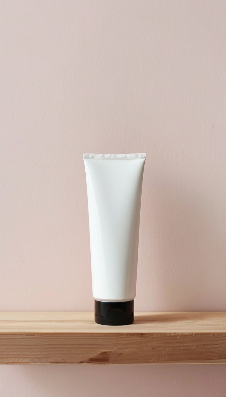 Minimalist White Cream Tube on Light Wooden Shelf Mockup