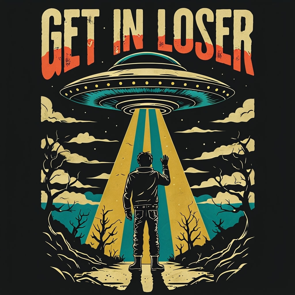 Get In Loser Retro UFO Illustration T-Shirt