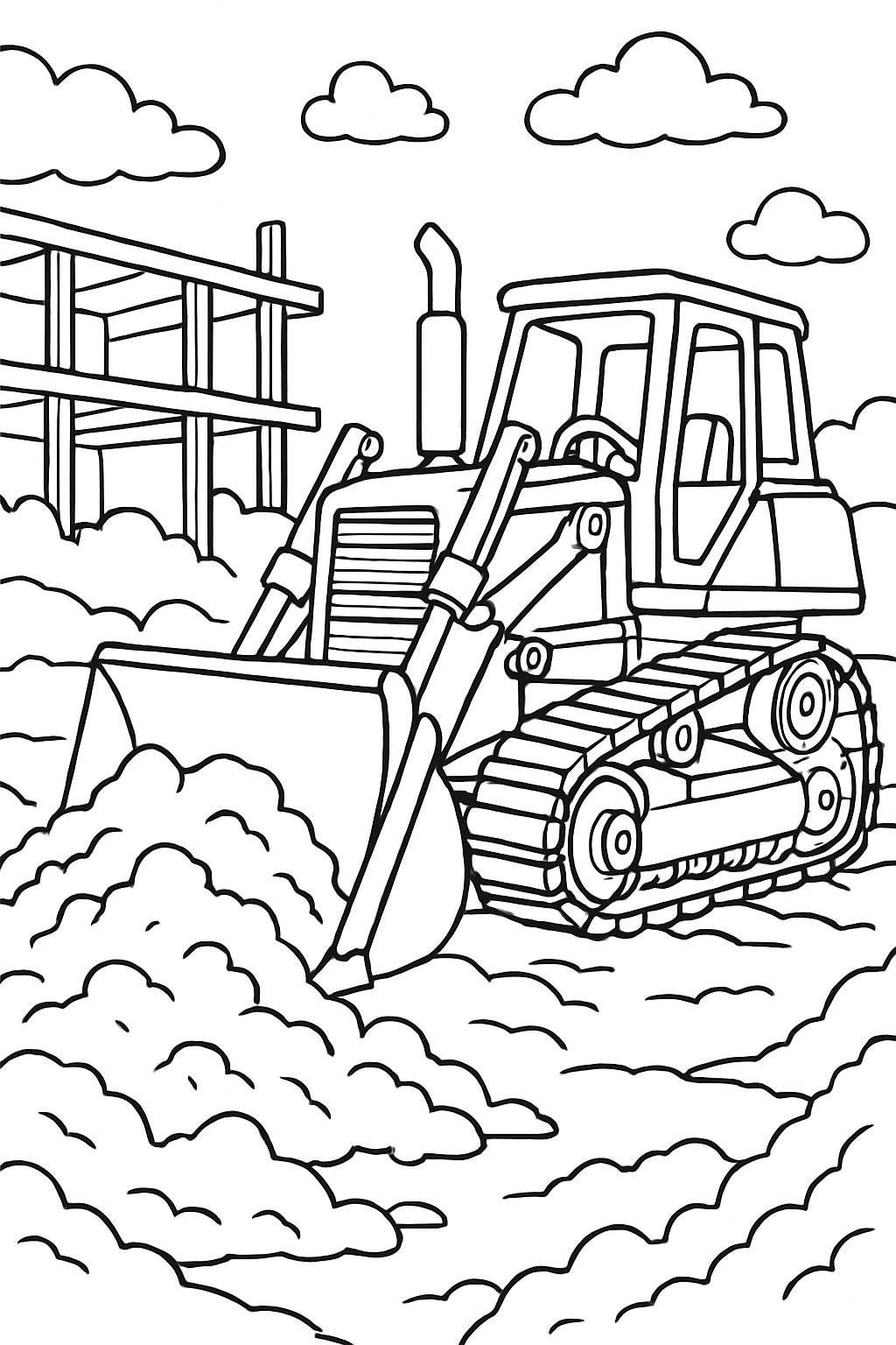 Cartoon Construction Site with Bulldozer Line Drawing Coloring Book Pages