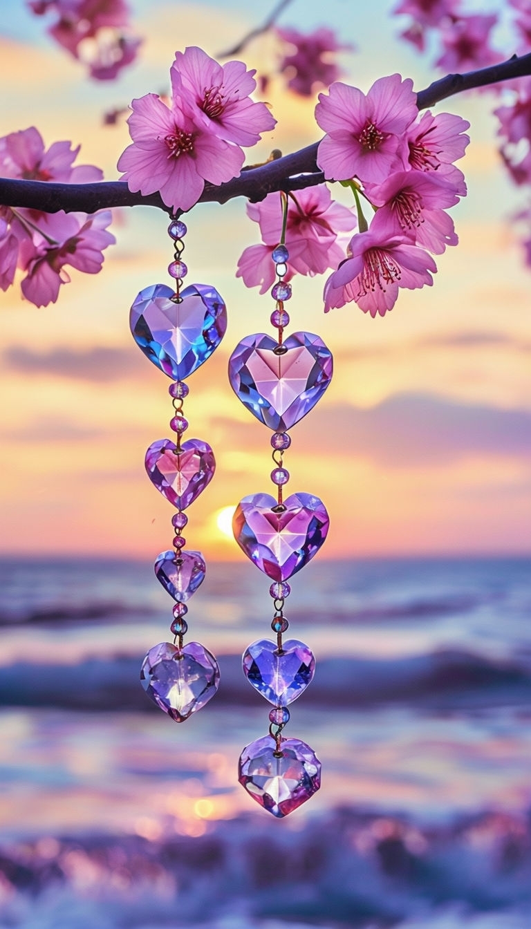 Serene Cherry Blossoms with Crystal Pendants at Sunset Mobile Wallpaper
