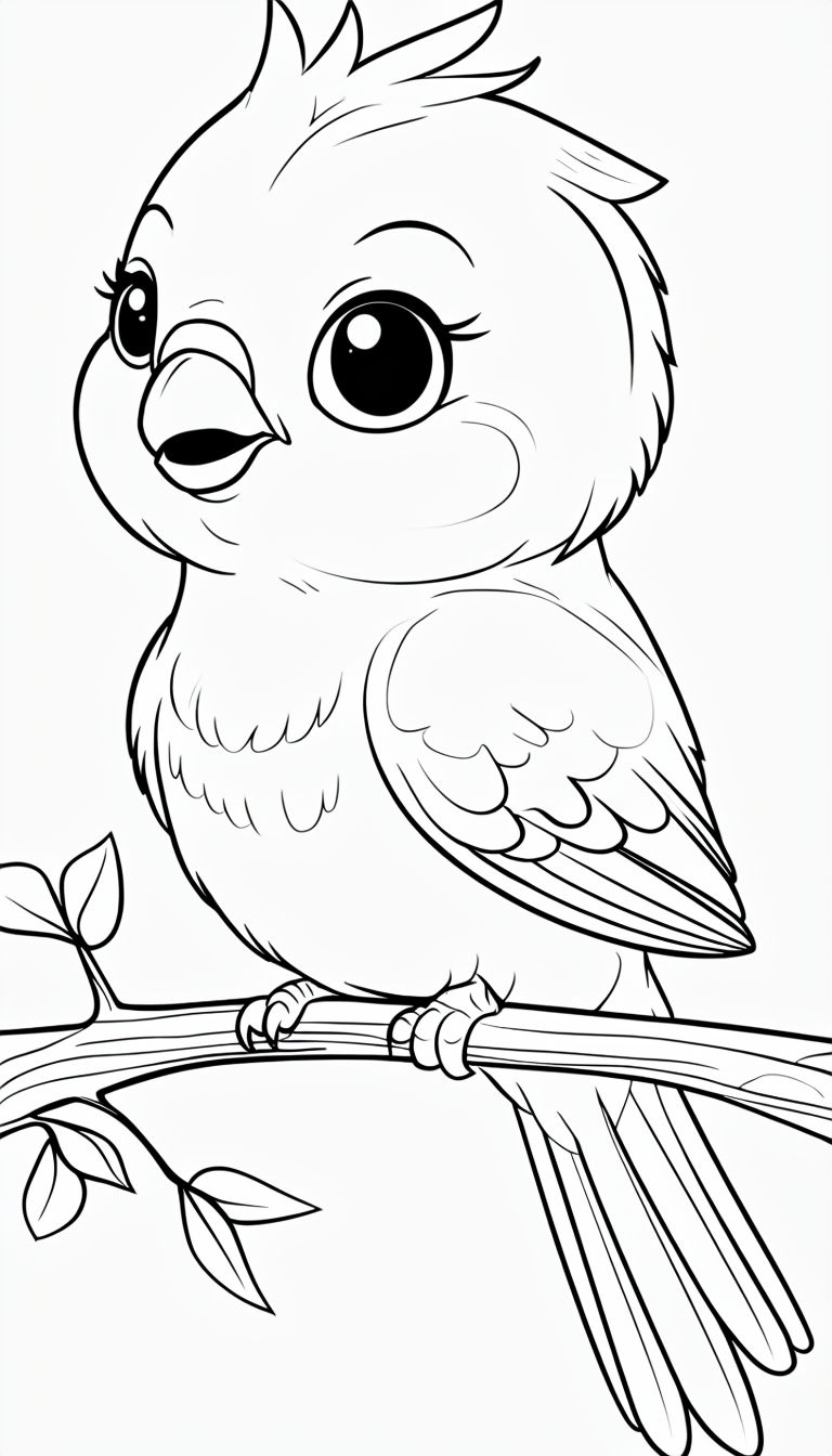 Cute Cartoon Bird Perched on Branch Line Drawing Coloring Book Pages