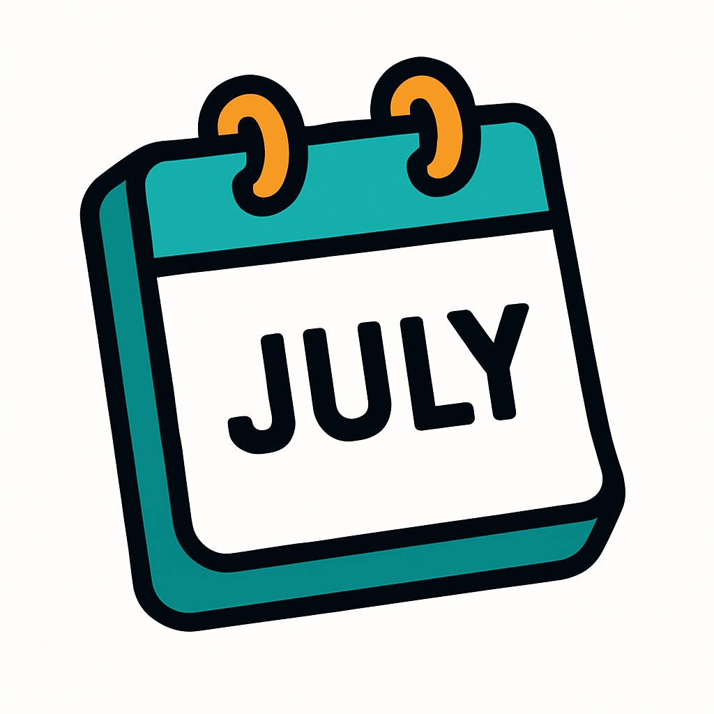 Teal Cartoon Calendar Icon with July Text Sticker