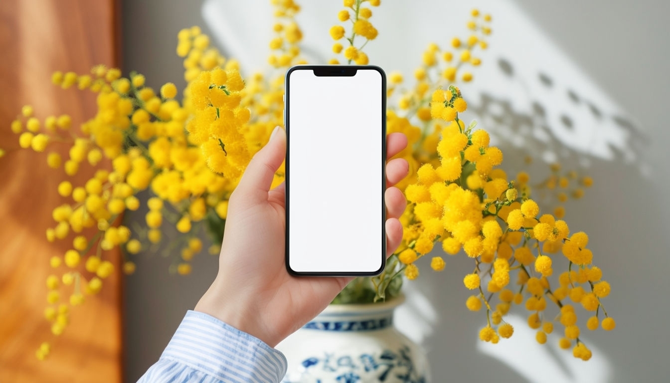 "Delicate Hand Holding Smartphone with Mimosa Flowers Mockup"