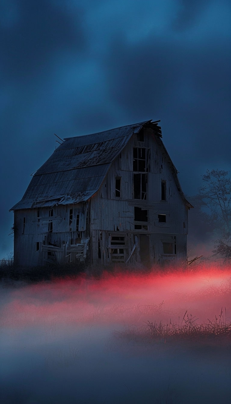Eerie Nighttime Barn in Misty Red Fog Digital Art Mobile Wallpaper