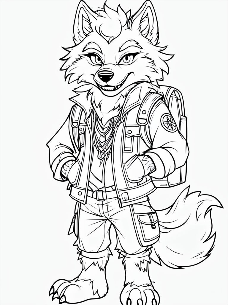 Confident Anthropomorphic Wolf Character Outline for Coloring Book Pages