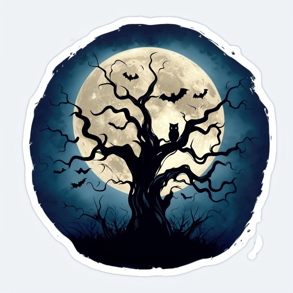 Spooky Silhouette Tree with Moon and Bats Halloween Sticker