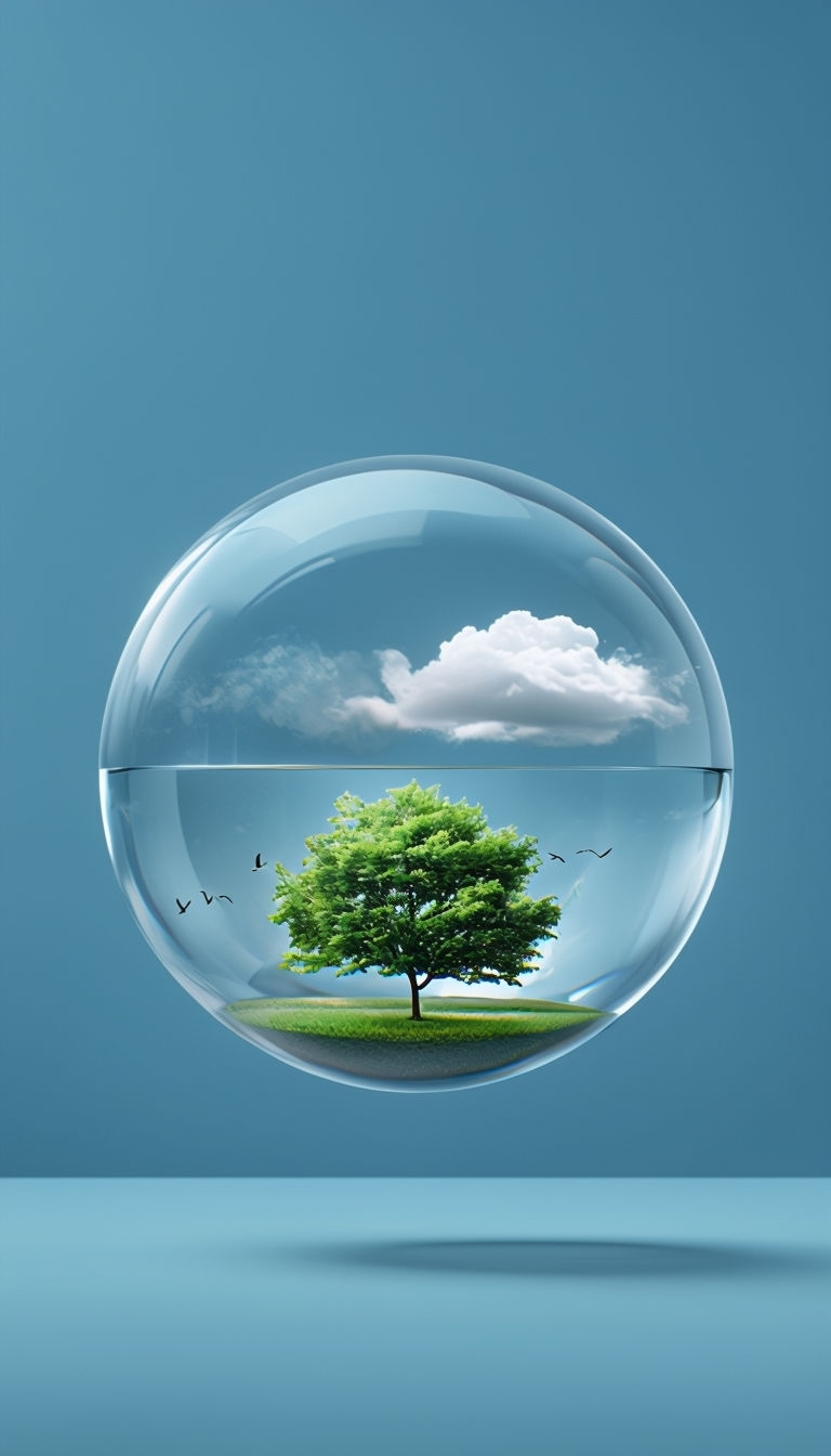 Surreal Minimalist Glass Ball with Tree and white Clouds