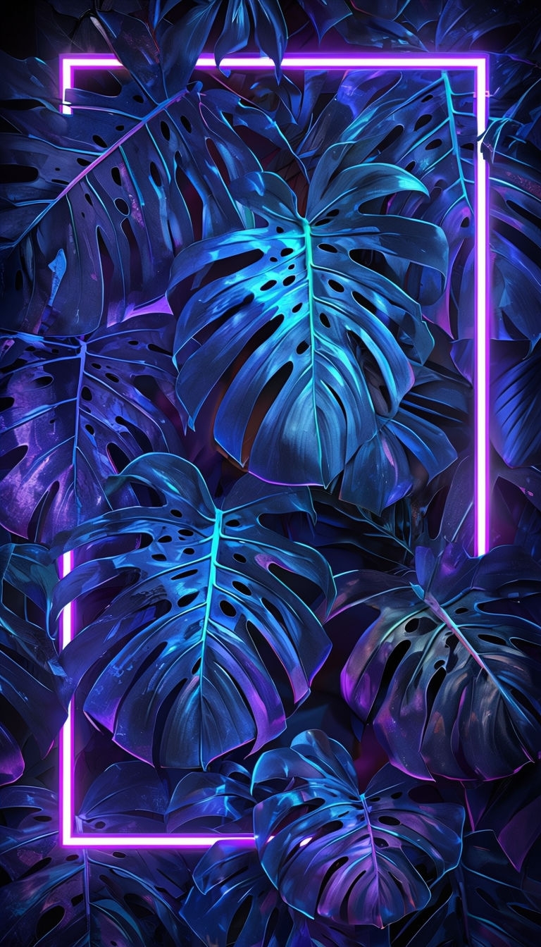 Vibrant Neon Monstera Leaves Digital Art Poster