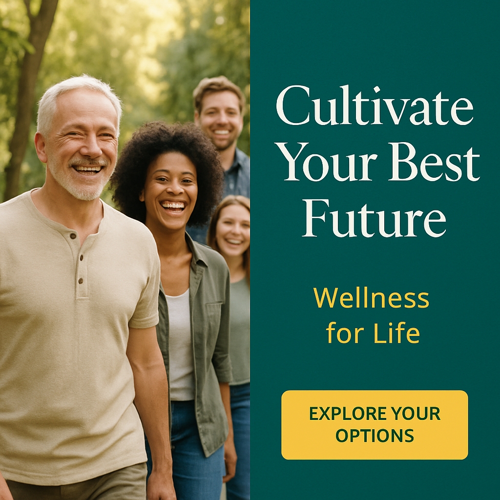 Smiling People in Park Promoting Wellness for Life Advertisement