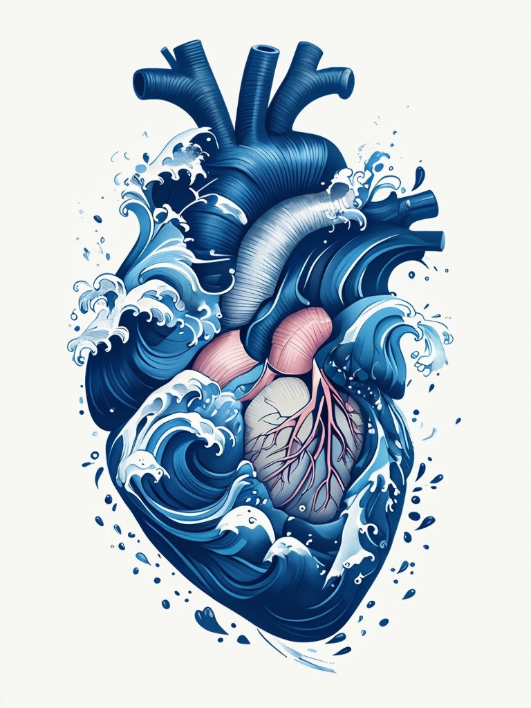 Ocean Waves Heart Anatomy Digital Art Illustration