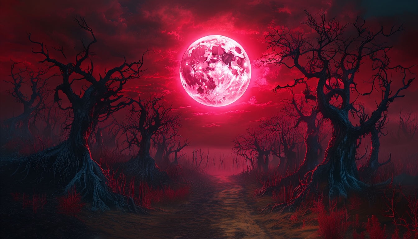 Haunting Gothic Landscape with Crimson Moon Virtual Background