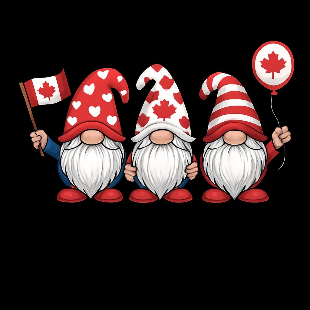 Festive Canadian Gnomes Cartoon Sticker Design on Black Background