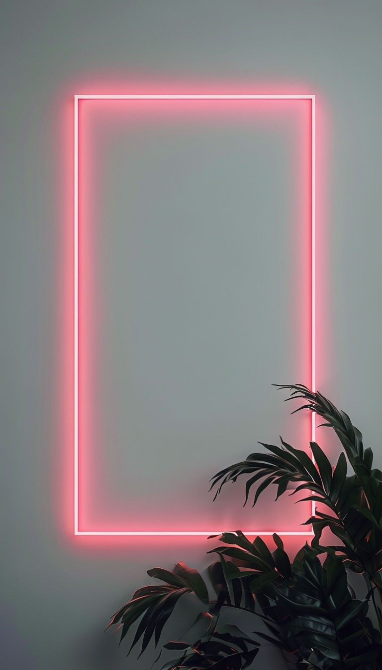 Neon Pink Frame with Tropical Leaves on Gray Wall Social Media Post