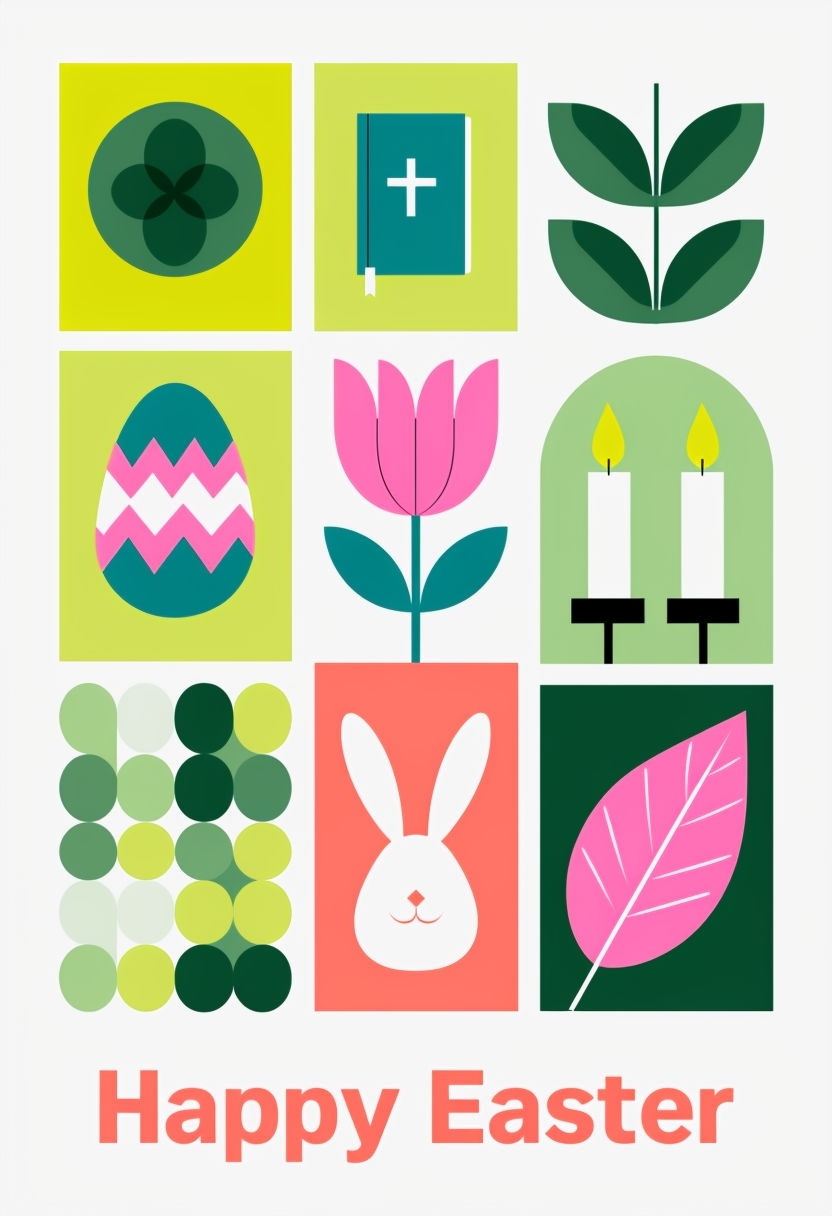 Vibrant Modern Easter Card Design with Colorful Symbols Poster