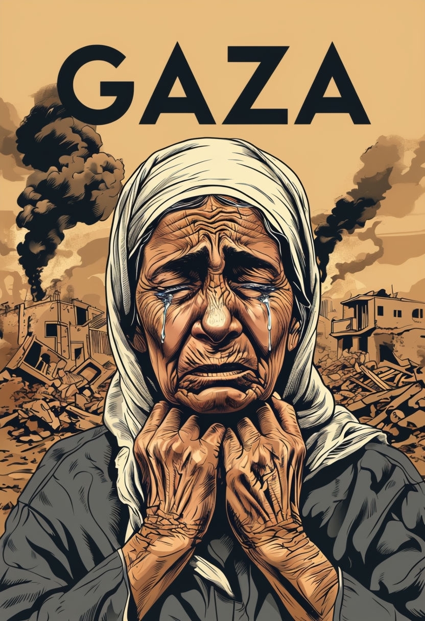 Heart-Wrenching Illustration of Distressed Elderly Woman Poster