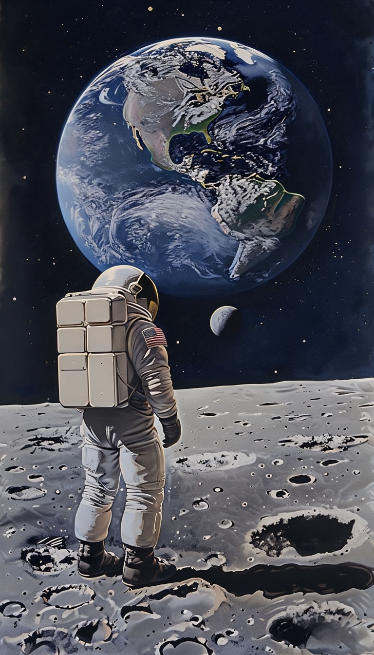 Astronaut on Moon Gazing at Earth: A Cosmic Exploration Poster