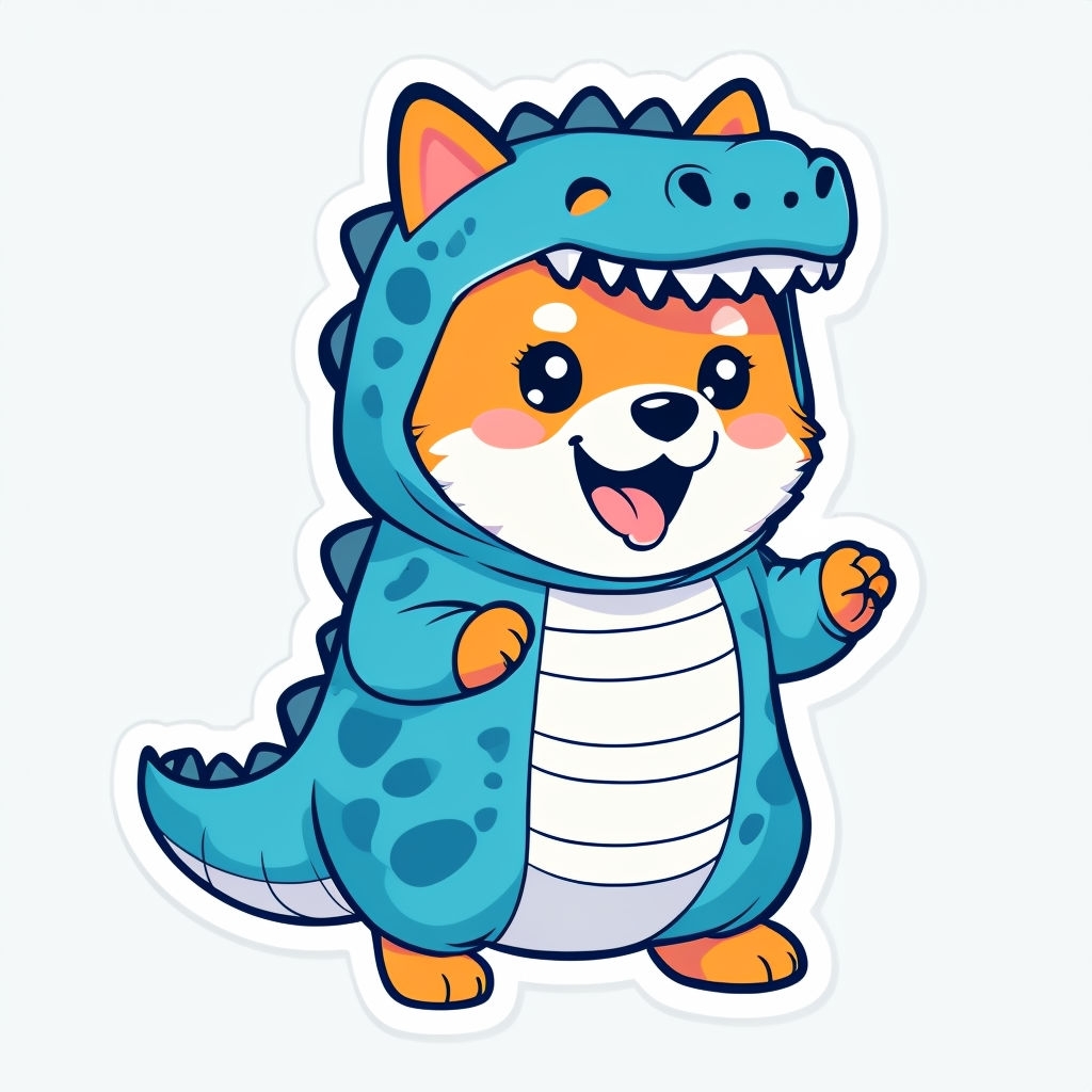 Playful Shiba Inu in Dinosaur Costume Cartoon Sticker