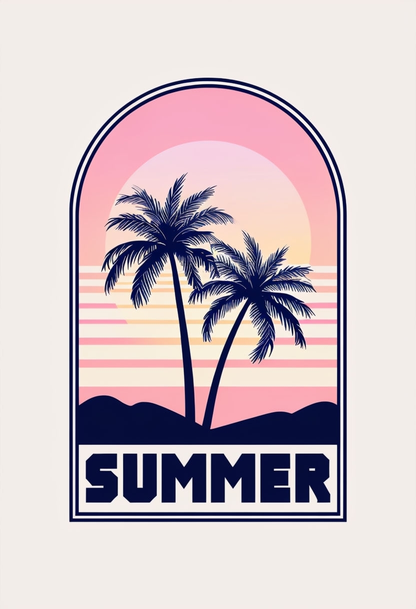 Tropical Summer Scene with Navy Palm Trees and Sunset Poster