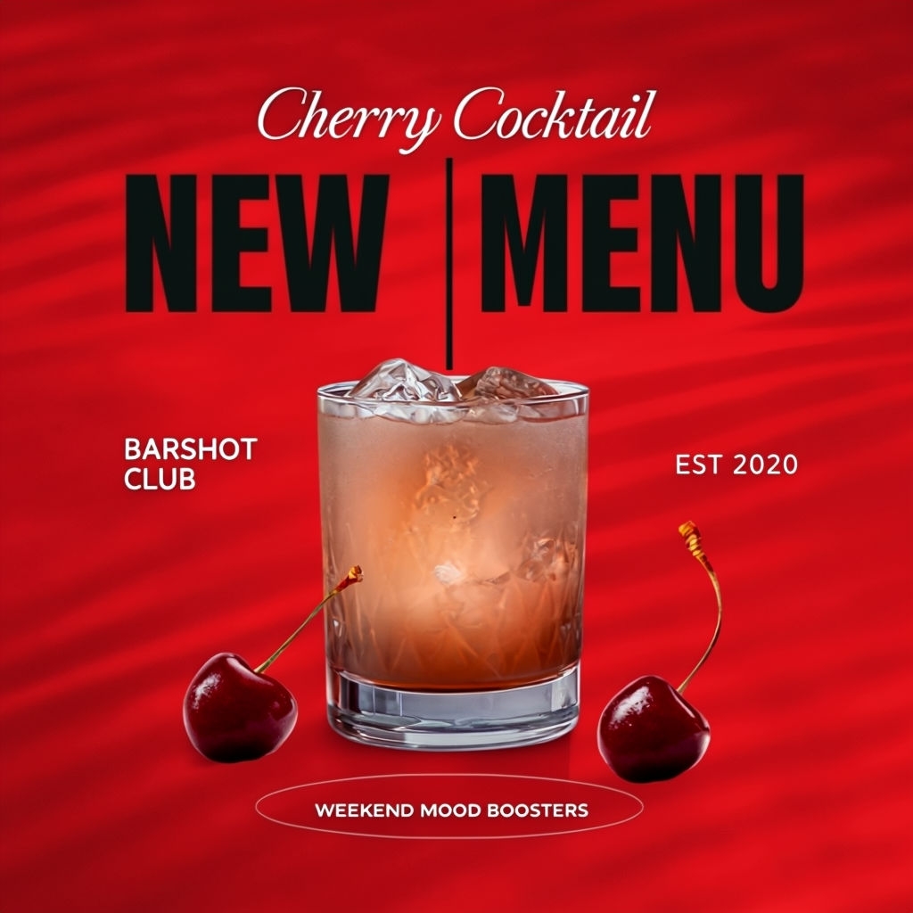 Vibrant Cherry Cocktail Advertisement for Weekend Mood Boosters Ads