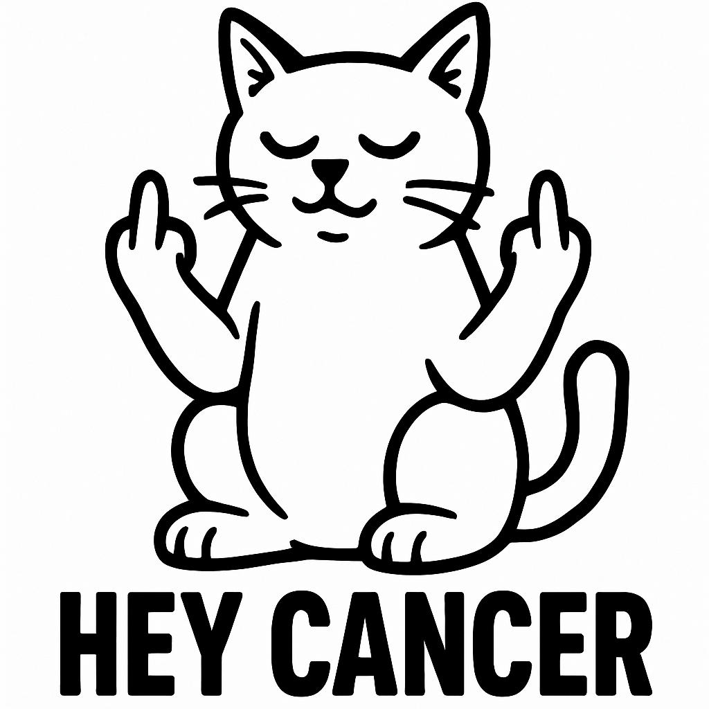Serene Cartoon Cat with 'Hey Cancer' Message Mug
