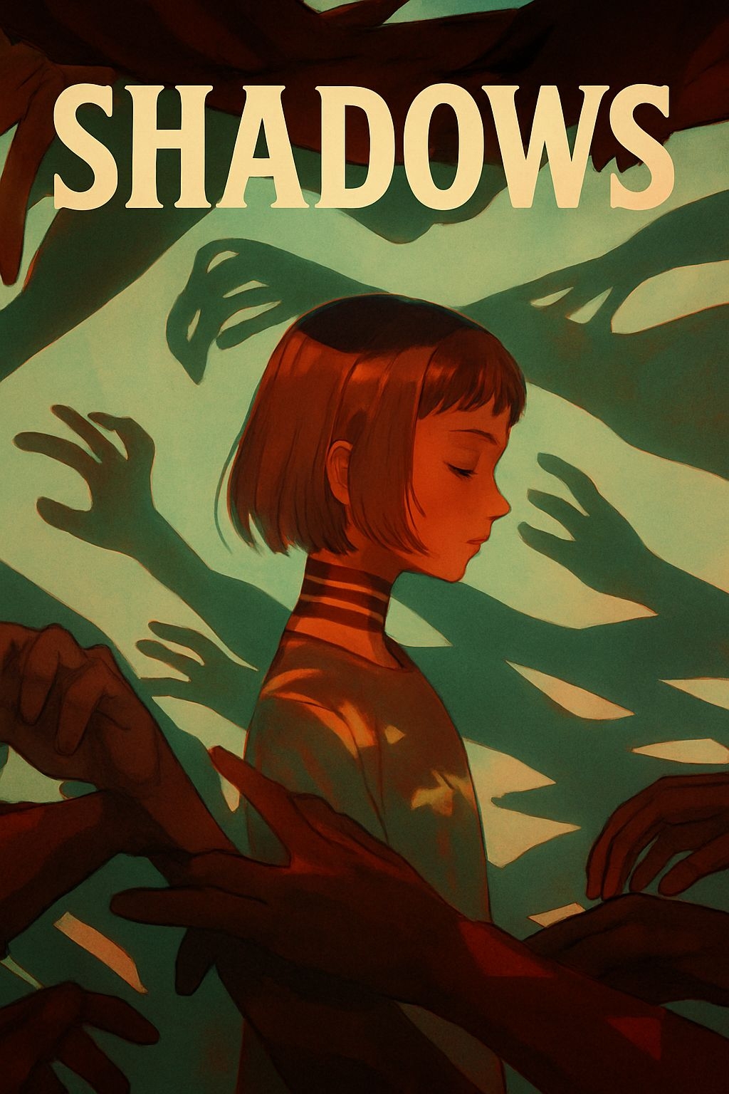 Mysterious Young Girl Surrounded by Shadowy Hands Poster