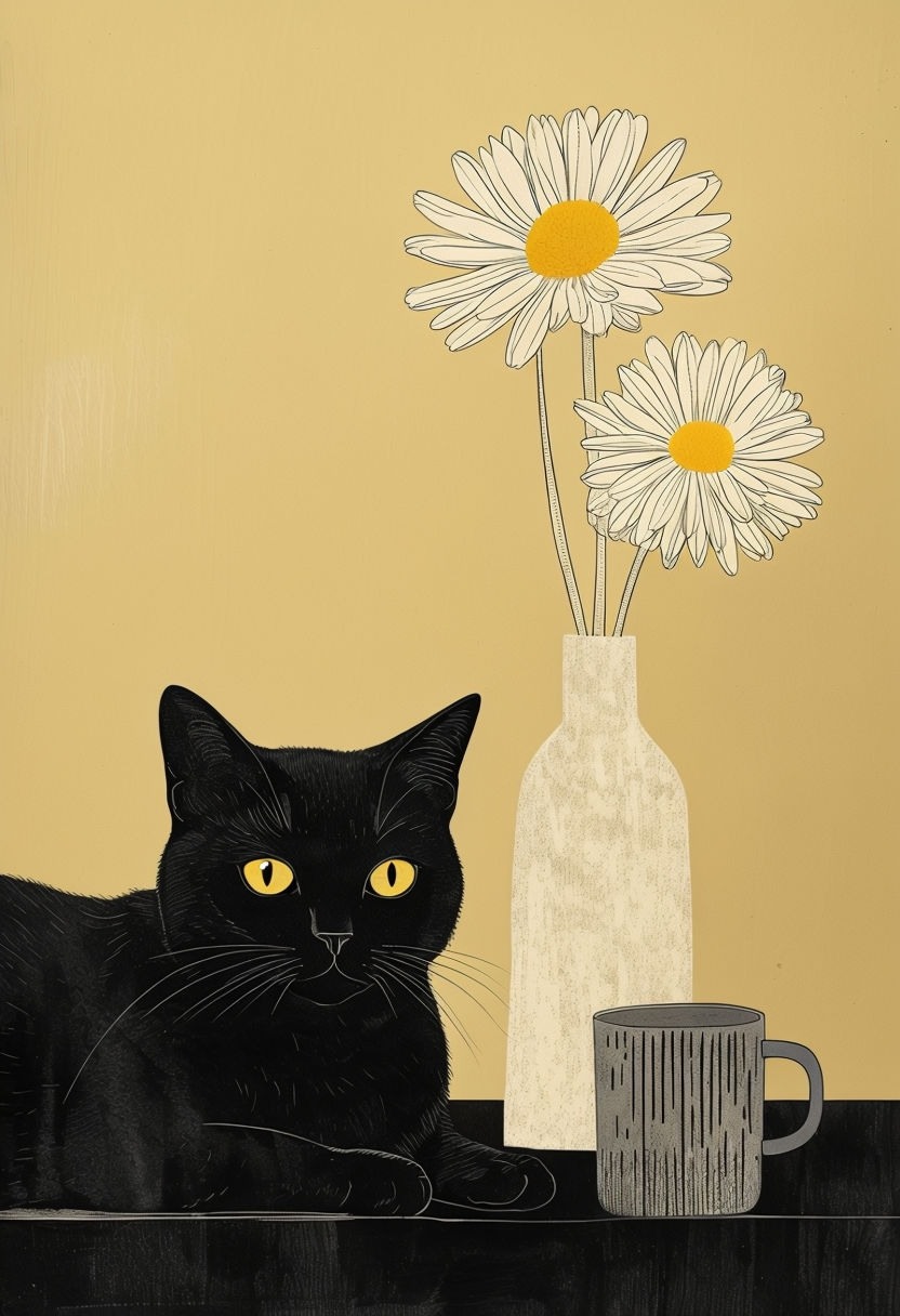 Minimalist Black Cat with Daisies Still Life Art