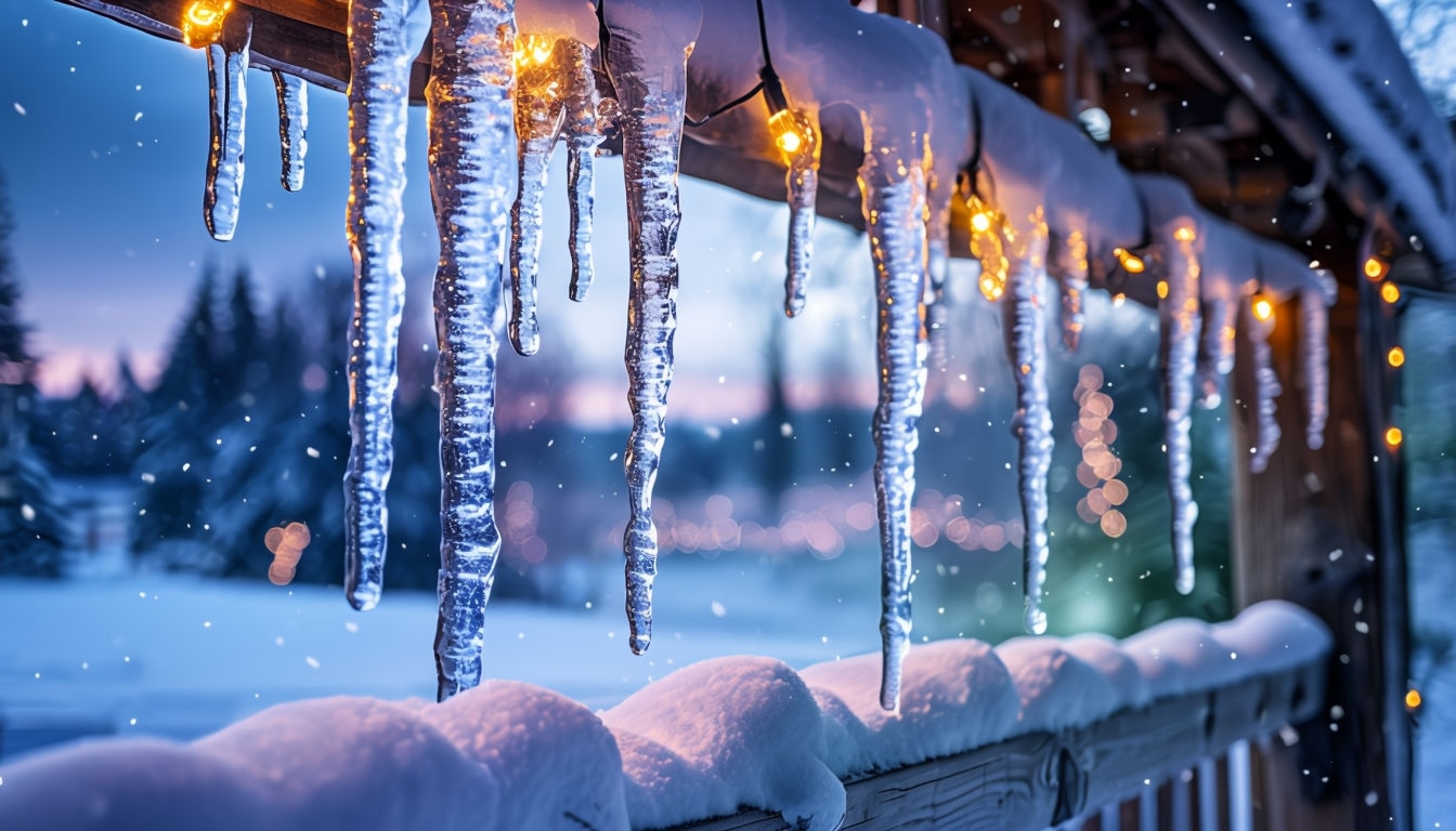 Serene Winter Scene with Icicles and Warm String Lights Background