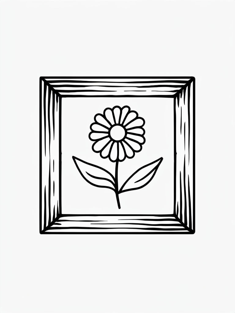Minimalist Black Line Flower Drawing with Frame Coloring Book Page