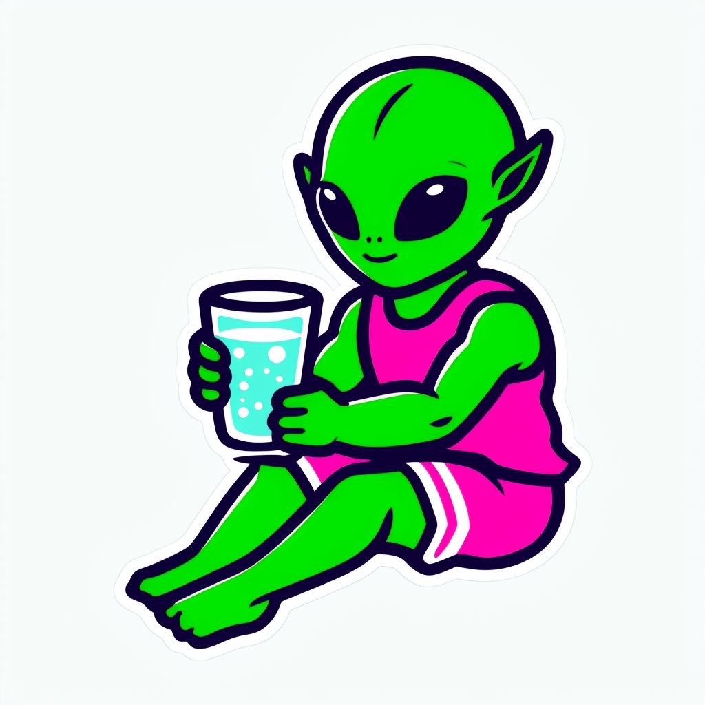 Cute Green Cartoon Alien Holding Drink Vector Sticker
