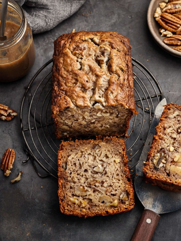 Homemade Banana Loaf with Walnuts on Cooling Rack