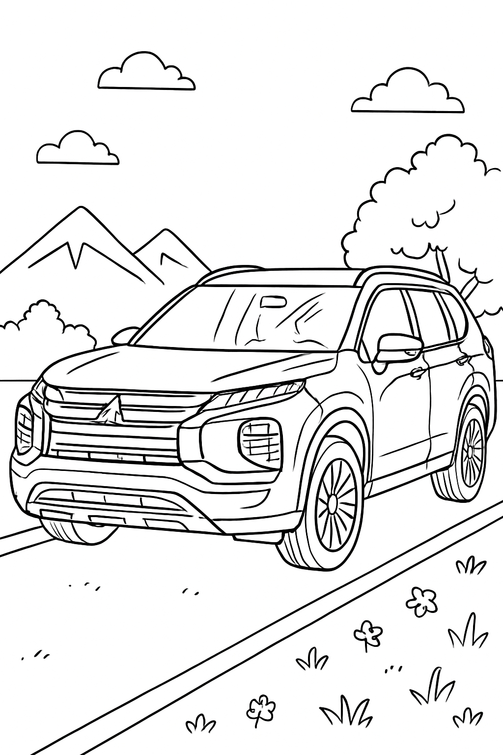 Detailed Black and White SUV Adventure Scene Coloring Page