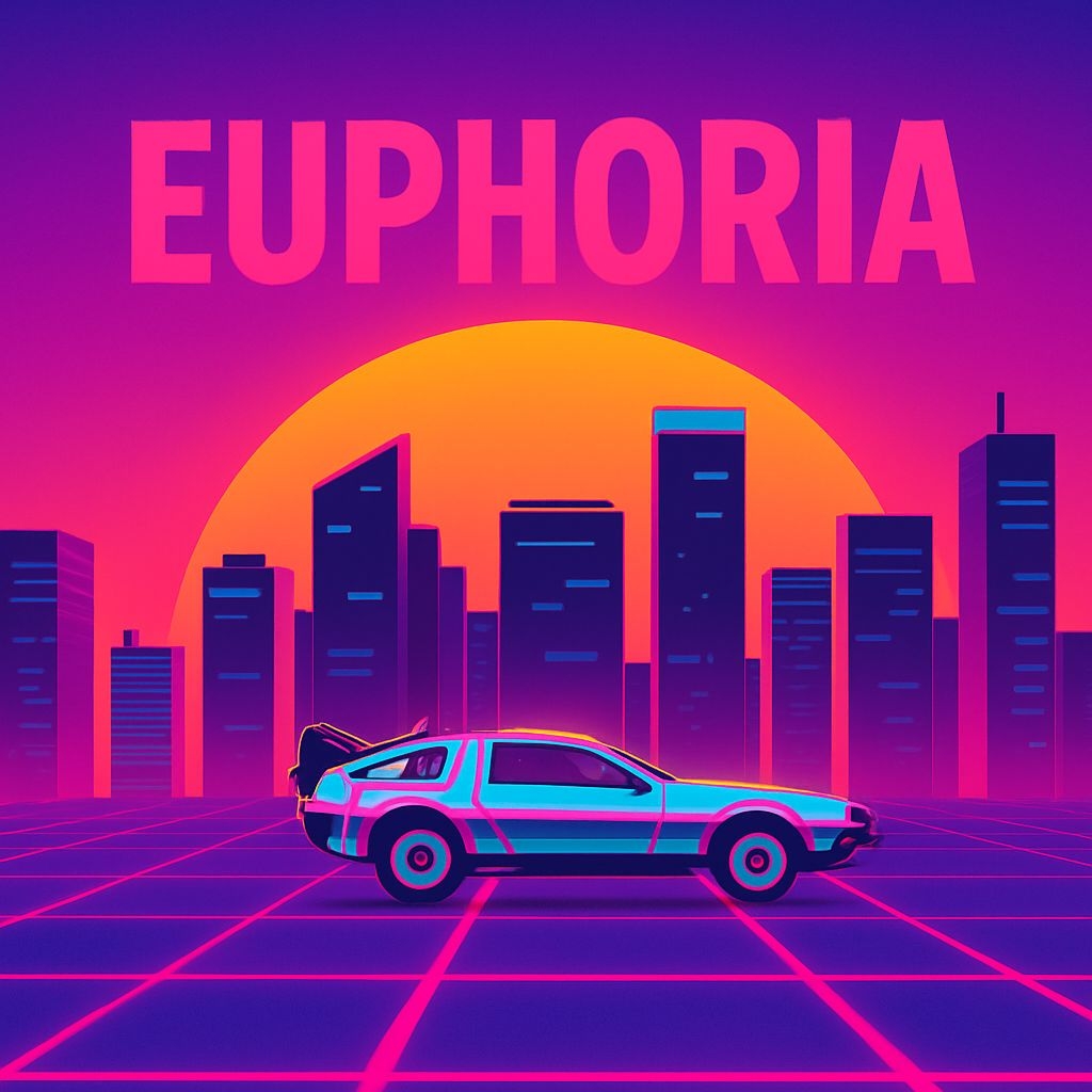 Vibrant Retro-Futuristic Cityscape with DeLorean Album Cover