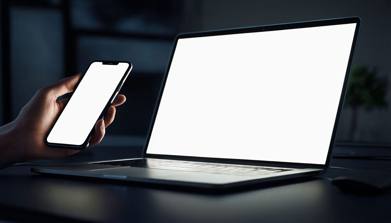 Modern Desk Setup with Laptop and Smartphone Interaction Mockup