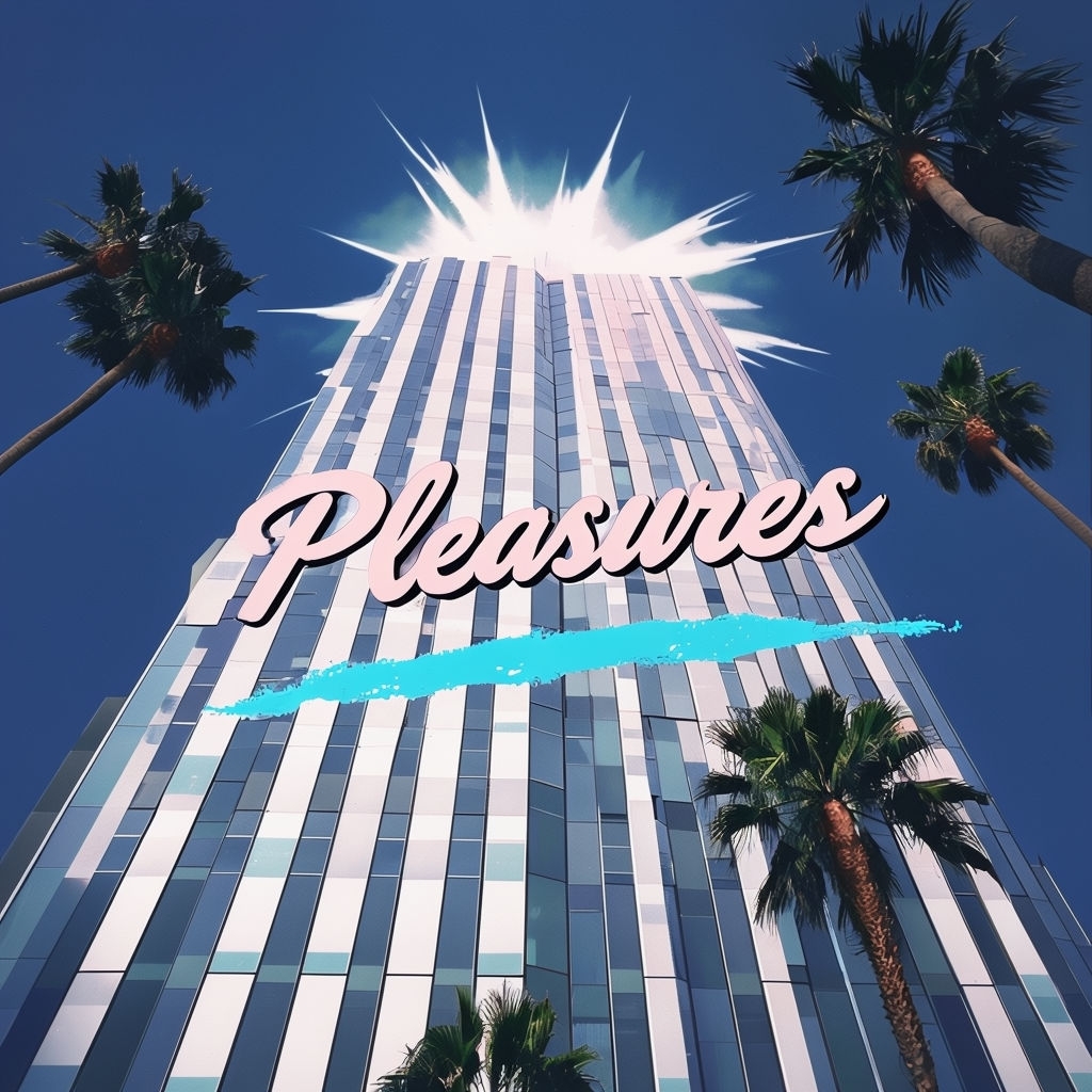 Surreal Modernist Skyscraper with Palm Trees and Pleasures Cover Art Spotify Album Cover