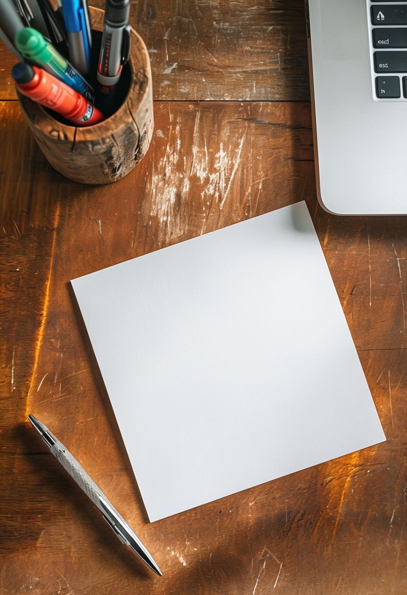 Minimalist Wooden Desk Workspace with Paper and Writing Instruments Mockup