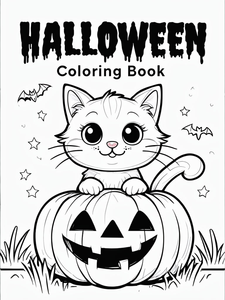 Whimsical Halloween Cat Inside Pumpkin Coloring Book Cover Art