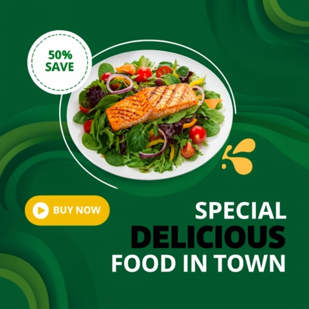 Vibrant Fresh Salad with Grilled Salmon Promotional Advertisement Ads