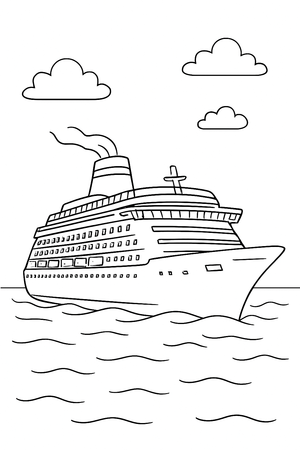 Cruise Ship Sailing on Wavy Water Line Drawing Coloring Book Pages