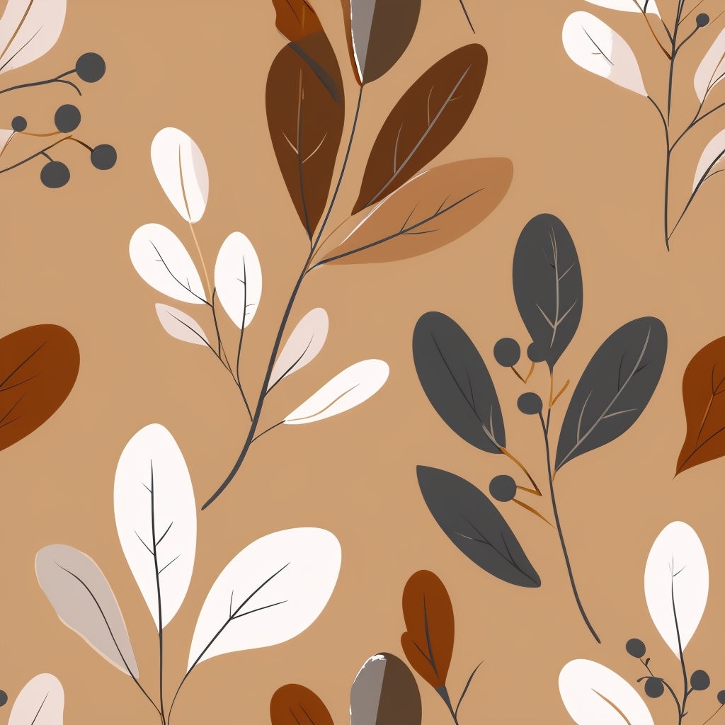 Stylized Botanical Elements Seamless Pattern on Beige Background