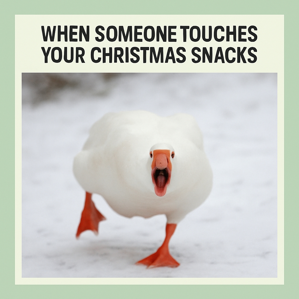 Humorous White Duck with Christmas Snacks Reaction Meme