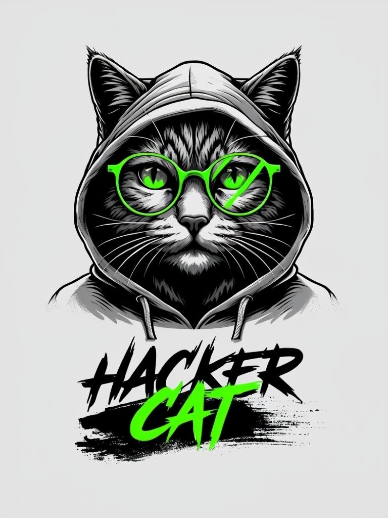 Stylish Hacker Cat Illustration with Neon Glasses Poster